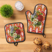 Oven Mitt & Pot Holdings Blumenrot Orange Ofenhandschuh & Topflappen-Set (Oben Unten)