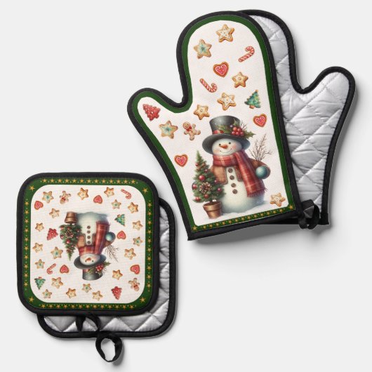 Oven Mitt Snowman and Christmas Cookies Green Ofenhandschuh & Topflappen-Set (Vorderseite/Rückseite)