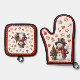 Oven Mitt Snowman and Christmas Cookies Red Ofenhandschuh & Topflappen-Set