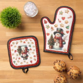 Oven Mitt Snowman and Christmas Cookies Red Ofenhandschuh & Topflappen-Set (Oben Unten)