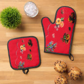 OVEN MITT UND POT HOLDER BLUME STIL DESIGN OFENHANDSCHUH & Topflappen-Set (Oben Unten)