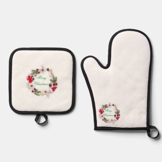 Oven Mitts & Pot Holders Frohe Weihnachten Ofenhandschuh & Topflappen-Set (Vorderseite)