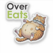 Over Eats - Funny Fat Cat Eating Fish Cartoon Aufkleber (Vorderseite)