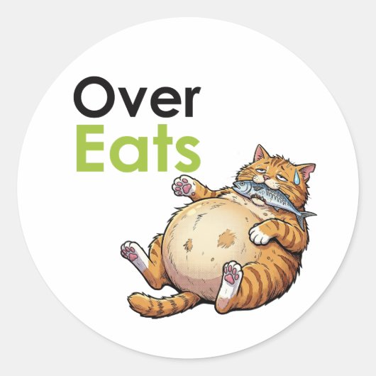 Over Eats - Funny Fat Cat Eating Fish Cartoon Runder Aufkleber (Vorderseite)