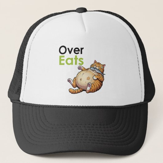 Over Eats - Funny Fat Cat Eating Fish Cartoon Truckerkappe (Vorderseite)