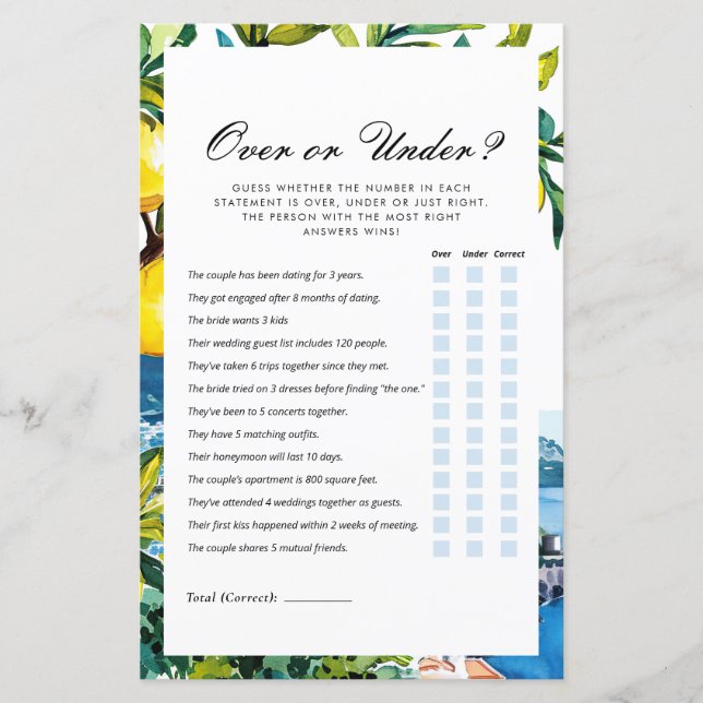 Over oder Under Amalfi Lemon Brautparty Game (Vorderseite)