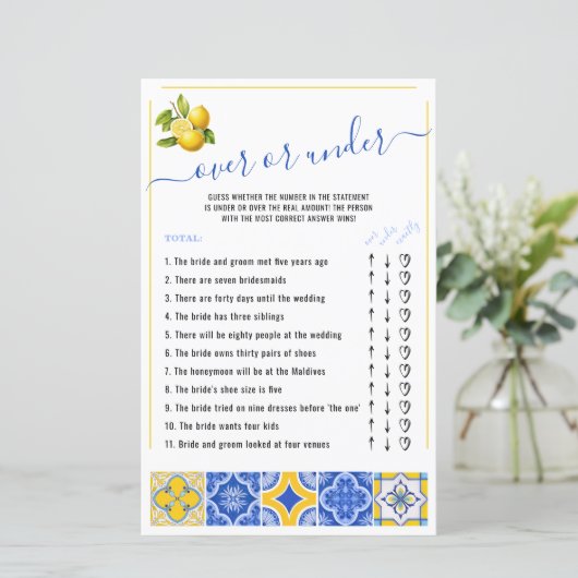 Over oder Under Blue Tiles Lemon Brautparty Game (Stehend Vorderseite)