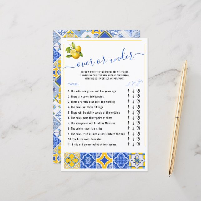 Over oder Under Blue Tiles Lemon Brautparty Game (Vorderseite/Rückseite Beispiel)