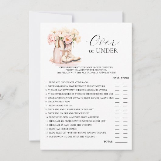 OVER oder UNDER Boost Bubbly Brautparty GAME Einladung (Vorderseite)