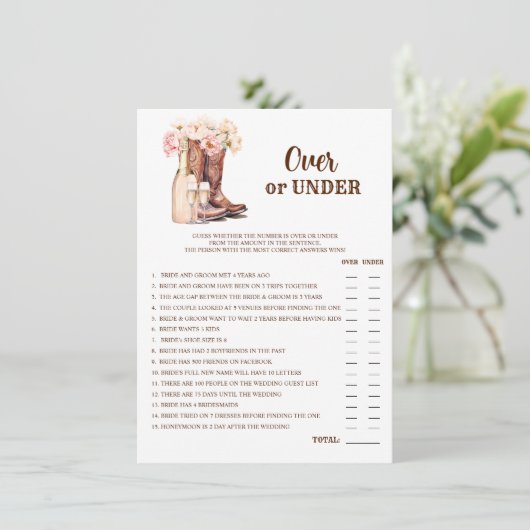 OVER oder UNDER Boost Bubbly Brautparty GAME Einladung (Stehend Vorderseite)