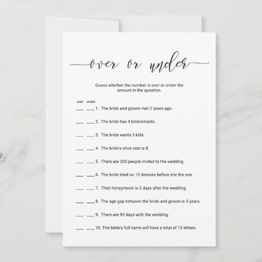 Over oder Under Brautparty Game Card Einladung (Vorderseite)