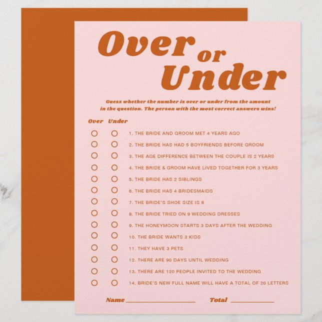 Over oder Under Last Disco Brautparty Game (Vorne/Hinten)