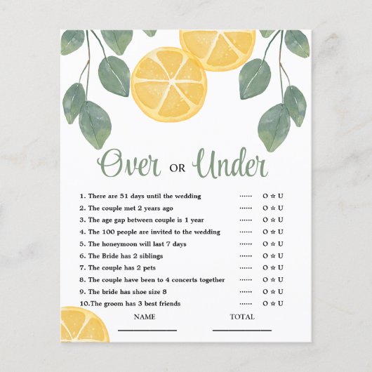 Over oder Under Lemon Brautparty Game (Vorderseite)