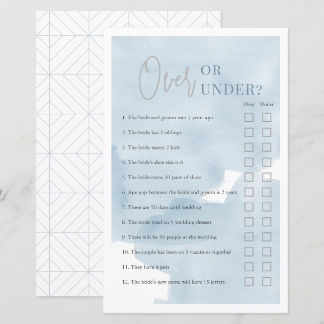 Over or Under Bue Sky Bridal Shower Game (Vorne/Hinten)