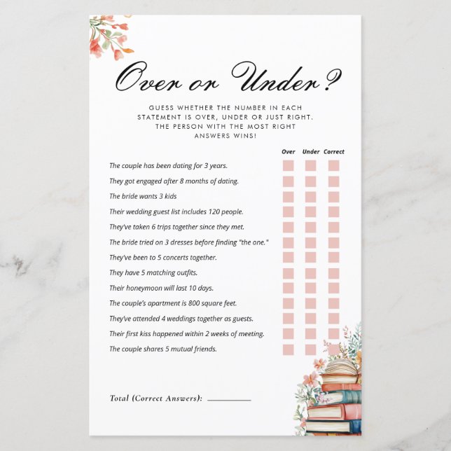 Over or Under New Chapter Bridal Shower Game (Vorderseite)