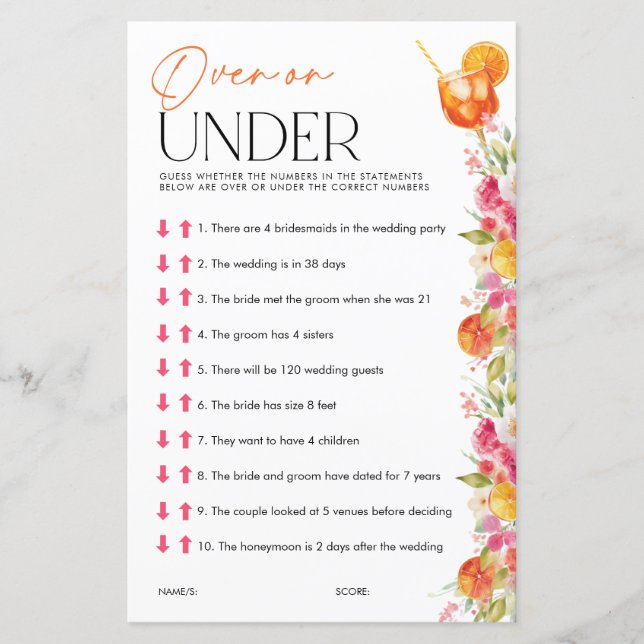 Over or Under Spritz Bridal Shower Games (Vorderseite)