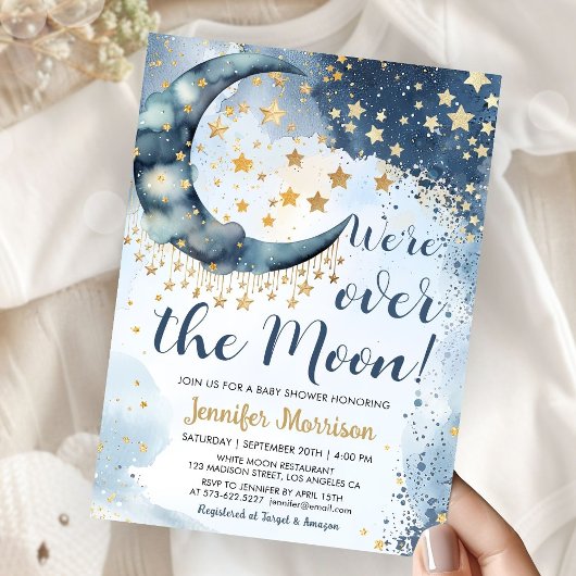 Over The Moon Baby Shower Boy Blue Twinkle Stars Einladung