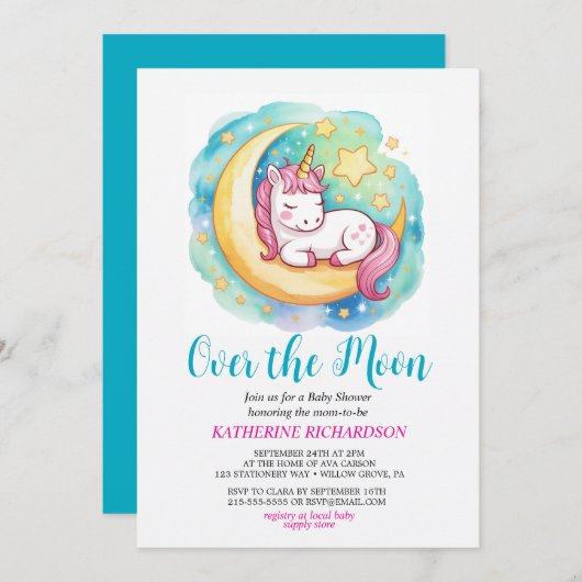 Over the Moon Baby Shower – Sleeping Unicorn Einladung (Vorne/Hinten)