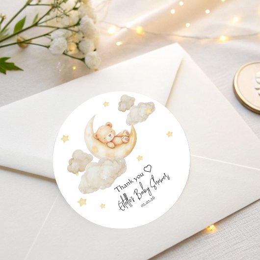 Over The Moon Baby Shower Stickers with Teddy Bear
