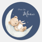 Over the Moon Bear Blue Baby Shower Runder Aufkleber (Vorderseite)