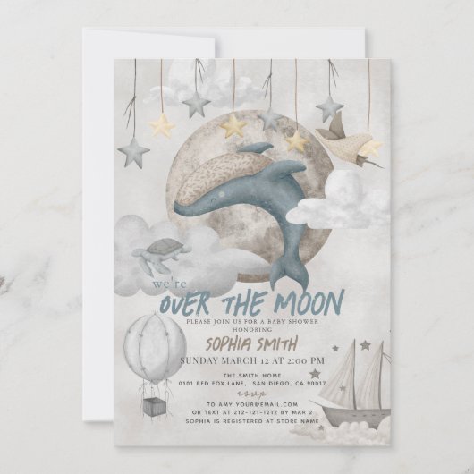 Over the Moon Blue Whale Boho Boy Baby Shower Einladung (Vorderseite)
