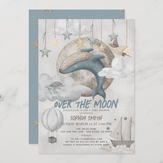 Over the Moon Blue Whale Boho Boy Baby Shower Einladung (Vorne/Hinten)