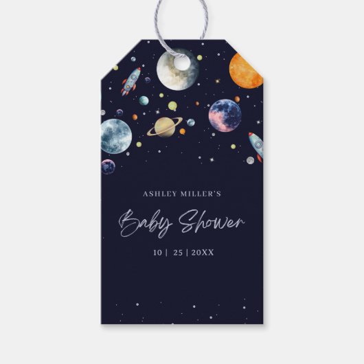 Over The Moon Boy Baby Shower Invite, Space Galaxy Geschenkanhänger (Vorderseite)
