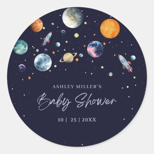Over The Moon Boy Baby Shower Invite, Space Galaxy Runder Aufkleber (Vorderseite)