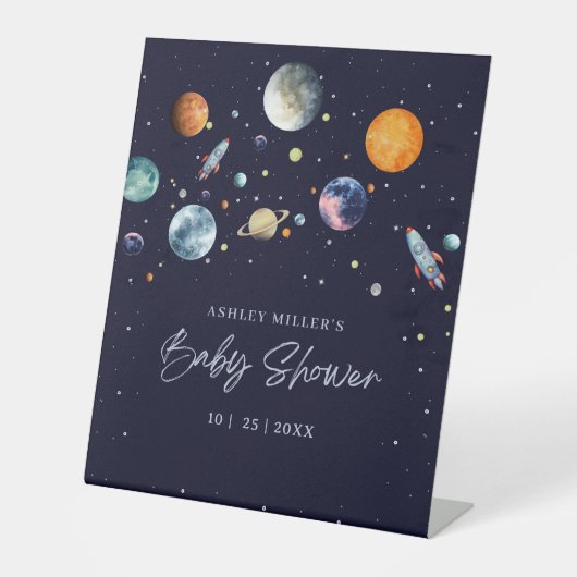 Over The Moon Boy Baby Shower Invite, Space Galaxy Sockelschild (Vorderseite)
