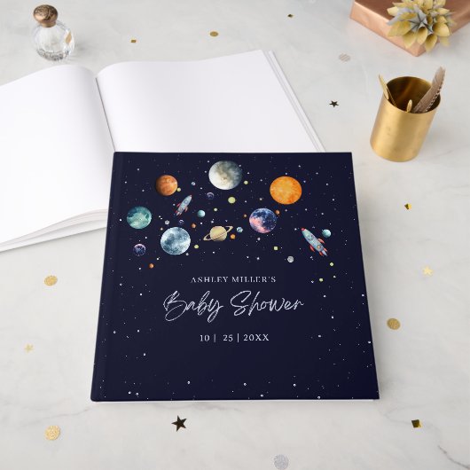 Over The Moon Boy Baby Shower Party Space Galaxy Gästebuch (Vorderseite offen)