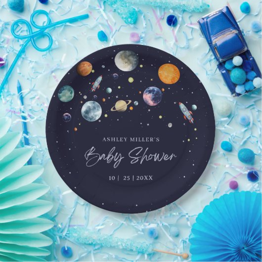 Over The Moon Boy Baby Shower Party Space Galaxy Pappteller (Party)