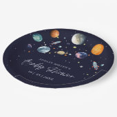 Over The Moon Boy Baby Shower Party Space Galaxy Pappteller (Schrägansicht)