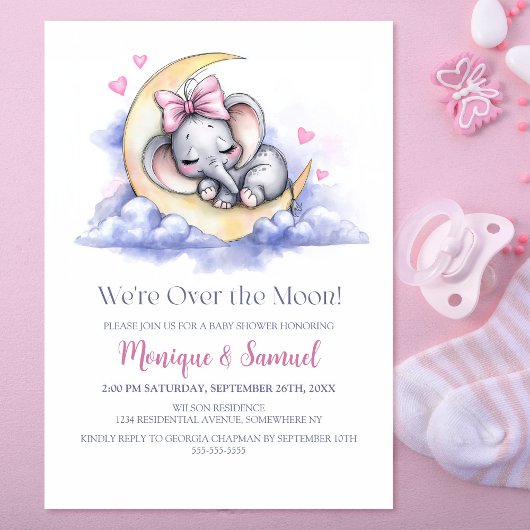 Over the Moon Girl Elephant Baby Shower Einladung