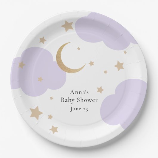 Over the Moon Purple Baby Shower Pappteller (Vorderseite)