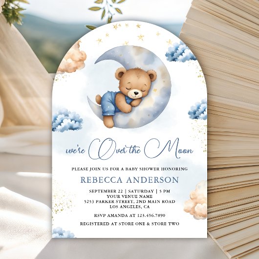 Over the Moon Sleeping Teddy Bear Blue Baby Shower Einladung