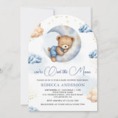 Over the Moon Sleeping Teddy Bear Blue Baby Shower Einladung (Vorderseite)