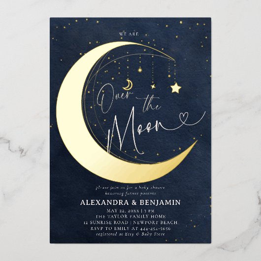 Over the Moon Starry Night Coed Baby Boy Shower Folieneinladung (Vorderseite)