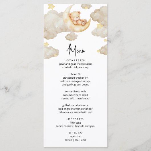 Over The Moon Teddy Bear Baby Shower Menu Card Menükarte (Vorderseite)