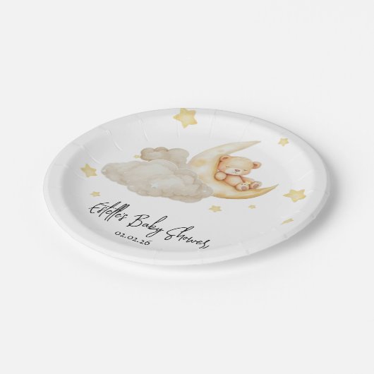 Over The Moon Teddy Bear Baby Shower Pappteller (Schrägansicht)
