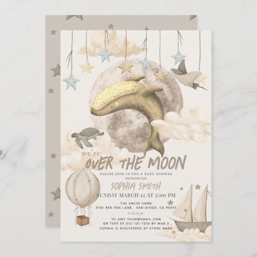 Over the Moon Whale Boho Baby Shower Einladung (Vorne/Hinten)