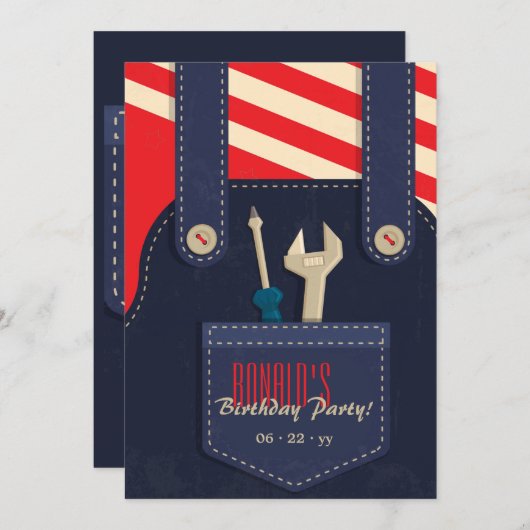 Overalls und Tools zum Geburtstag Einladung (Vorne/Hinten)