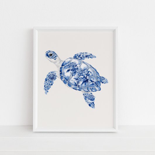 Overhead Sea Turtle - Coastal Blue auf Beige Poster