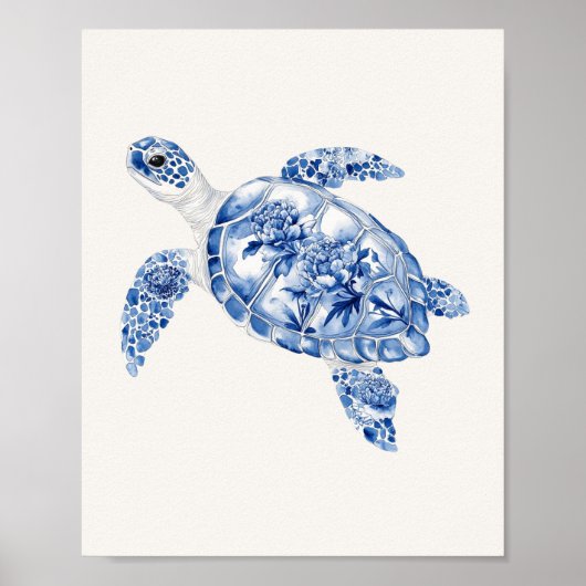 Overhead Sea Turtle - Coastal Blue auf Beige Poster (Vorne)