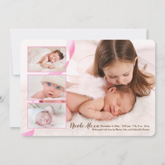 Overlay Drei-Foto-Girl-Geburtsankündigung Ankündigung (Vorderseite)