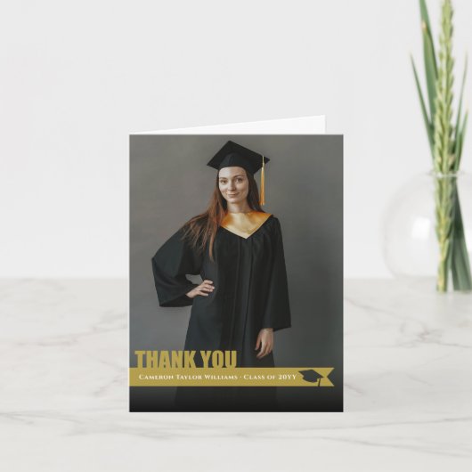Overlay Gold Ribbon Graduation Cap Cutout Foto Dankeskarte (Vorderseite)