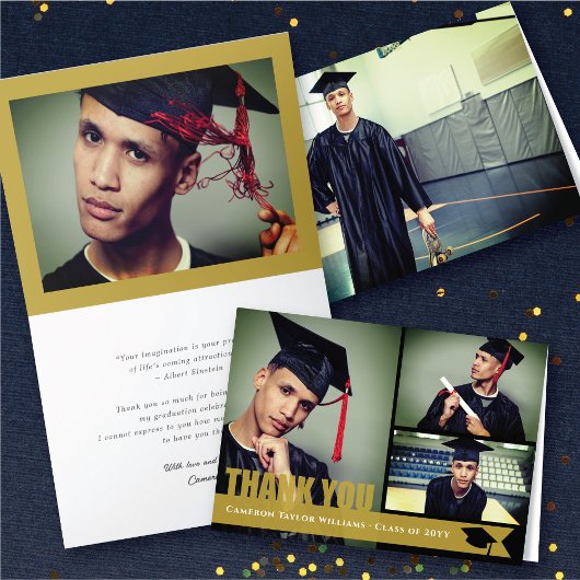 Overlay Gold Ribbon Graduation Cap Modernes 3-Foto Dankeskarte