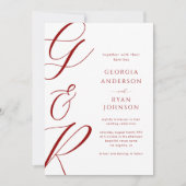 Oversibles Script Monogram Red Faded Foto Wedding Einladung (Vorderseite)