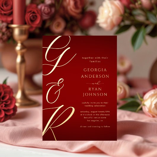 Oversifiziertes Monogram Crimson Red Gold Wedding Folieneinladung