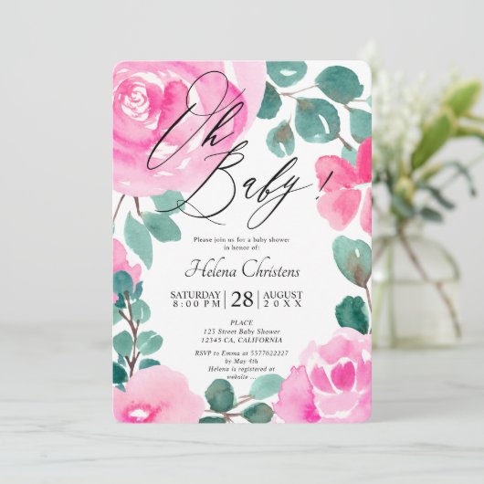 Oversifiziertes pinkfarbenes grünes Blumenwasser B Einladung (Stehend Vorderseite)