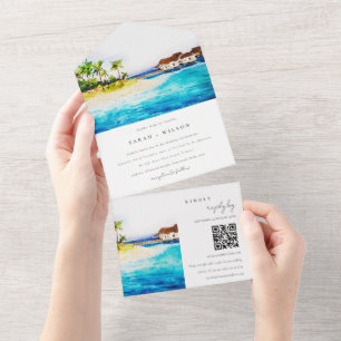 Overwater Villa Seascape Beach Hochzeit QR Code All In One Einladung